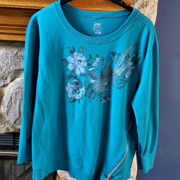 Just My Size Tops - Just My Size Floral Bird Top Sweater with Zipper Accent